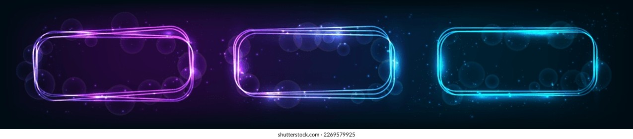 Set of three neon rounded rectangular frames with shining effects and sparkles on dark background. Empty glowing techno backdrop. Vector illustration