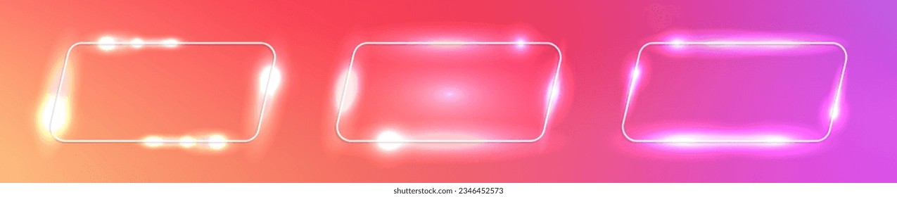 Set of three neon rounded rectangular frames with shining effects on orange background. Empty glowing techno backdrop. Vector illustration