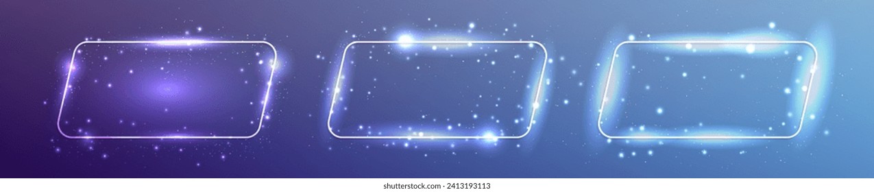 Set of three neon rounded rectangular frames with shining effects and sparkles on blue background. Empty glowing techno backdrop. Vector illustration