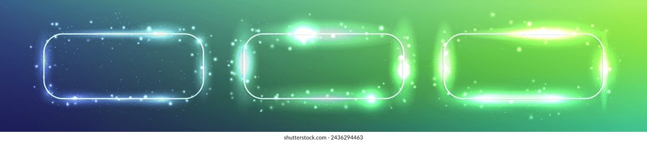 Set of three neon rounded rectangular frames with shining effects and sparkles on dark green background. Empty glowing techno backdrop. Vector illustration