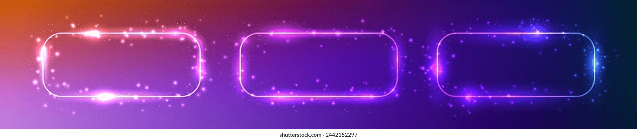 Set of three neon rounded rectangular frames with shining effects and sparkles on dark purple background. Empty glowing techno backdrop. Vector illustration