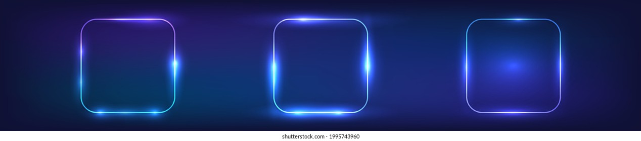 Set of three neon rounded square frames with shining effects on dark background. Empty glowing techno backdrop. Vector illustration