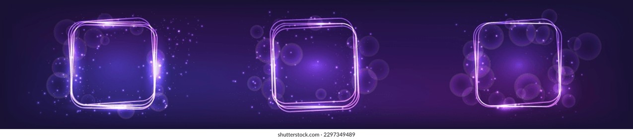 Set of three neon rounded square frames with shining effects and sparkles on dark background. Empty glowing techno backdrop. Vector illustration