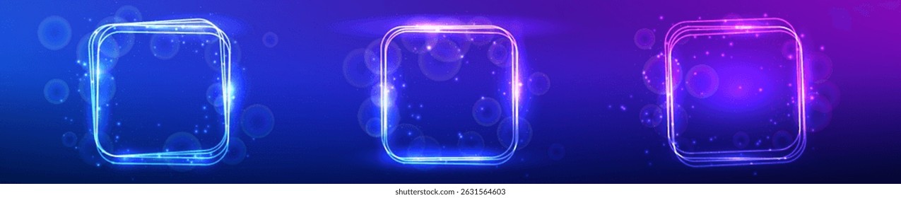 Set of three neon rounded square frames with shining effects and sparkles on blue background. Empty glowing techno backdrop. Vector illustration