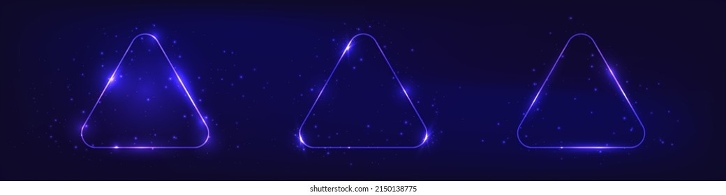 Set of three neon rounded triangle frames with shining effects on dark background. Empty glowing techno backdrop. Vector illustration