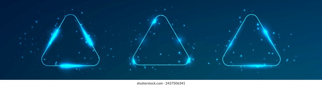 Set aus drei neonrunden Dreiecksrahmen mit leuchtenden Effekten und Funkeln auf dunkelblauem Hintergrund. Leere glühende Techno-Kulisse. Vektorgrafik