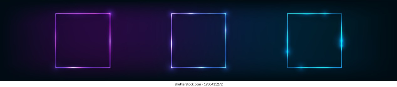 Set of three neon square frames with shining effects on dark background. Empty glowing techno backdrop. Vector illustration.