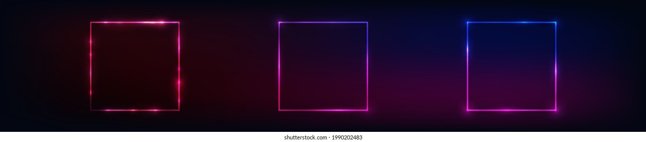 Set of three neon square frames with shining effects on dark background. Empty glowing techno backdrop. Vector illustration.