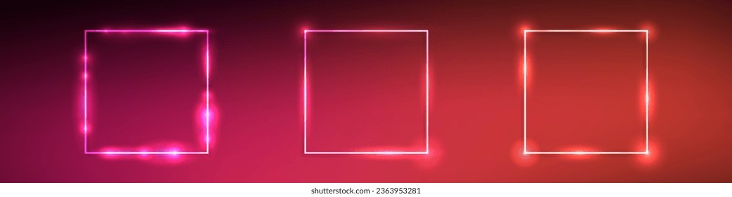 Set of three neon square frames with shining effects on dark red background. Empty glowing techno backdrop. Vector illustration