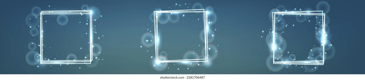 Set of three neon square frames with shining effects and sparkles on dark background. Empty glowing techno backdrop. Vector illustration