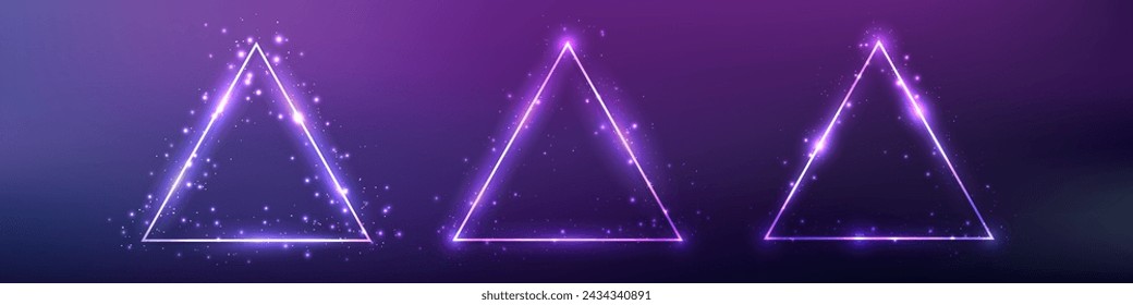 Set of three neon triangular frames with shining effects on blue background. Empty glowing techno backdrop. Vector illustration