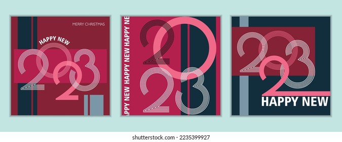 Set of three new 2023 year postcards in geometric style, greeting cards, posters, banners.
