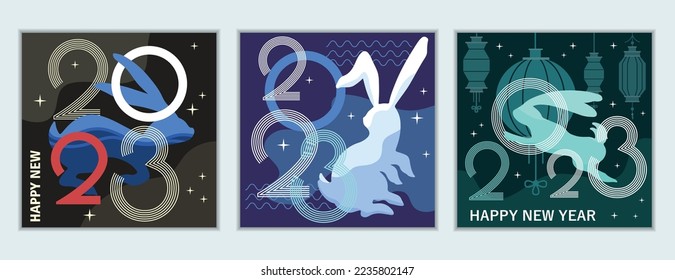 Set of three new 2023 year postcards in geometric style with hare symbol of the year, greeting cards, posters, banners.