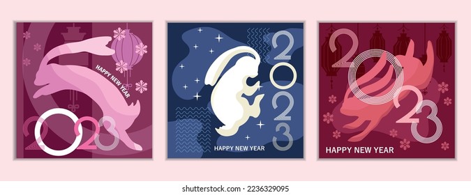 Set of three new 2023 year postcards in geometric style with hare symbol of the year, greeting cards, posters, banners.