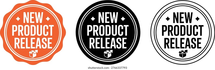 Set of three new product release labels in orange, black, and outline styles, perfect for marketing promotions.