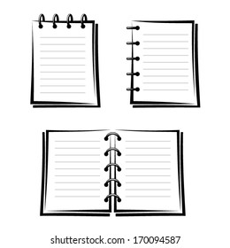 Set of three notebooks. Vector black silhouettes. 