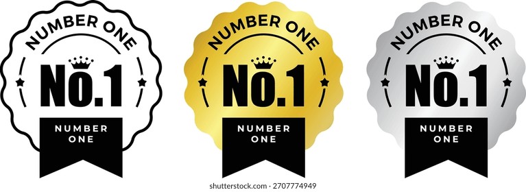 Set of Three Number One Achievement Badges in Gold, Silver, and Monochrome Vector Styles