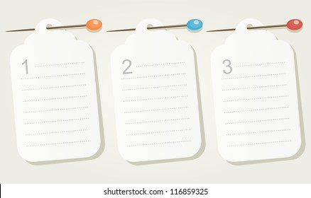 Set of three numbered pinned blank sheets of paper. Vector illustration for your business presentations.
