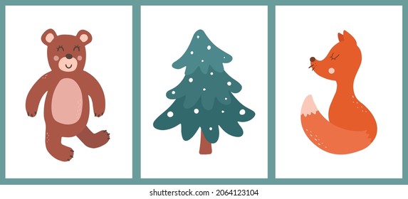 set of three nursery room posters with hand drawn bear, fox and christmas tree. Good for stickers, prints, greeting cards, sublimation,  etc. EPS 10