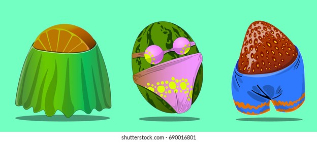 A set of three objects in the form of fruit and outerwear with underwear.