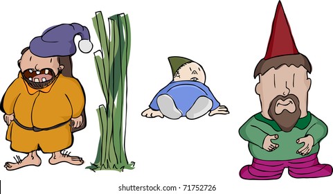 Set of three odd-looking and stout elves or gnomes.