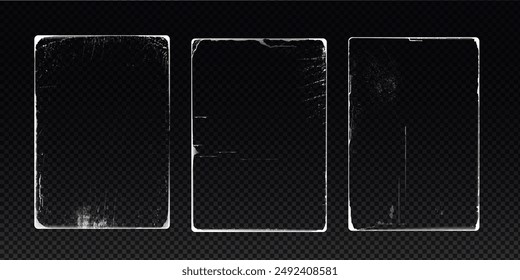 Conjunto de tres viejas cubiertas de papel rectangular para Fotografía vintage o póster aislado sobre fondo negro. Superficie envejecida. Arañazos profundos. Aristas rasgadas y deshilachadas. Ilustración vectorial.