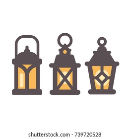 Set of three old rustic lanterns flat icons