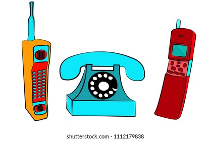 A set of three old yellow and red retro vintage blue buttons with vintage square first mobile phones with long antenna and sliders and a disk wired phone on a white background.