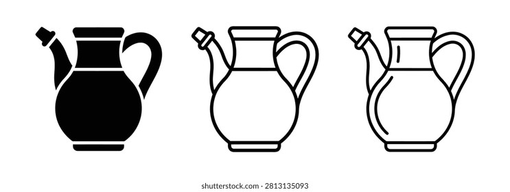 Set of three olive oil cruet icons in black and outline styles for cooking and food design