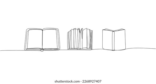 Set of three open books, diaries, magazines one line art. Continuous line drawing of book, library, education, school, study, literature, paper, textbook, knowledge, read, page reading