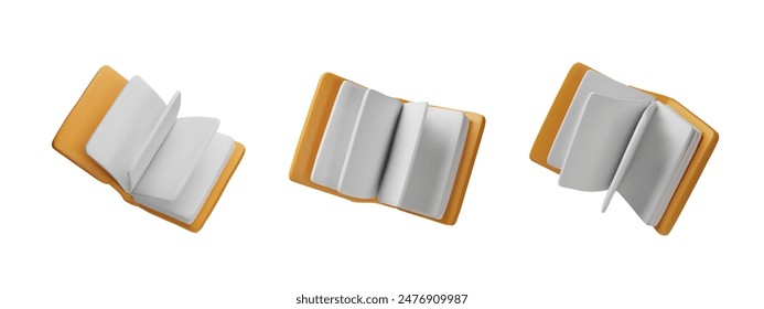 Set of three open books with yellow covers. Vector illustration of 3D book icons with visible pages in different positions. Ideal for education, reading, and literature designs