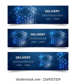 Set of three Open box horizontal banners. Horizontal illustration for homepage design, promo banner. Delivery low poly symbols with connected dots