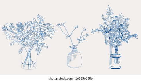 Set. Three options of bouquets in vases. line art vector illustration