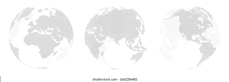 A set of three options for different locations of the globe, built from points. Isolated. Planet earth, abstract round map.