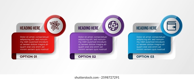 set of three options of gradient infographic rounded frame simple. modern simple business infographic template vertical with multi colored circles icons on white background
