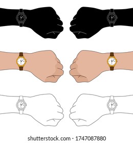 Set of three options for left and right hands with classic man wristwatches: color, outline, silhouette. Collection of six arms with wrist watch. Vector flat illustration