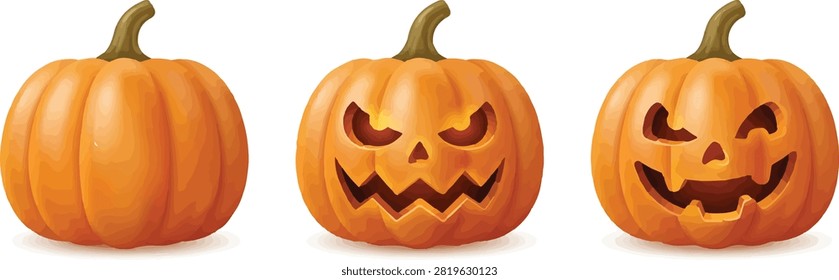 Set of three orange Halloween pumpkins including plain pumpkin evil jack o lantern and smiling carved pumpkin isolated on white background