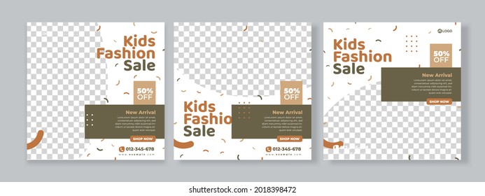 Set of three organic background of kids fashion sale banner social media pack with military color template premium vector
