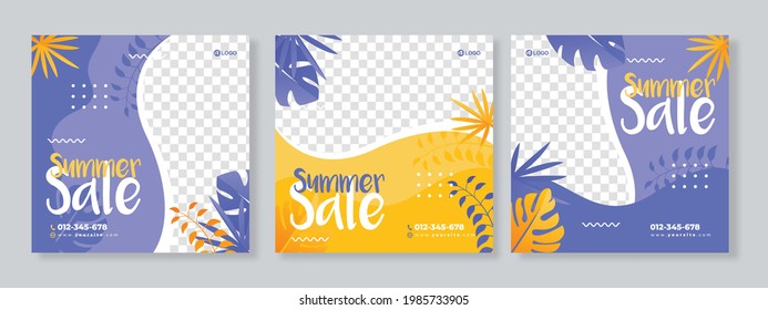 Conjunto de tres antecedentes orgánicos del banner de promoción de verano planilla de paquete de medios sociales premium vector