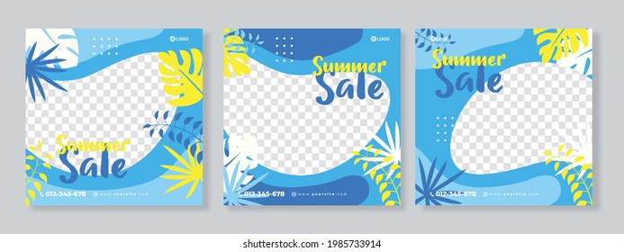 Set of three organic background of summer promotion banner social media pack template premium vector