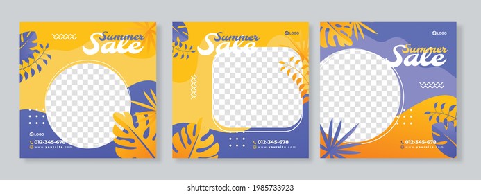 Set of three organic background of summer promotion banner social media pack template premium vector