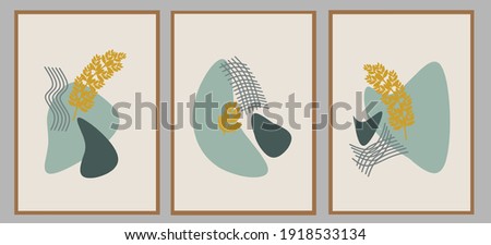Set three of organic pattern and bontanical flowers wall art with neutral pastel color. Scandinavian style vector Ilustration with Minimalist concept of wall decor. Can use for poster.