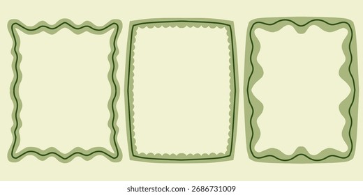 Set of three organic wavy green border frames. Hand drawn wavy and curly borders vector illustration. Square and rectangle decorative frames