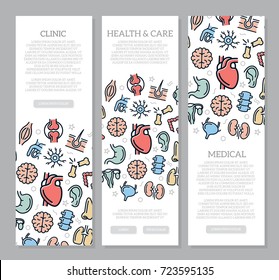 Set of three organs and anatomy vertical banners with icon pattern. Vector illustration
