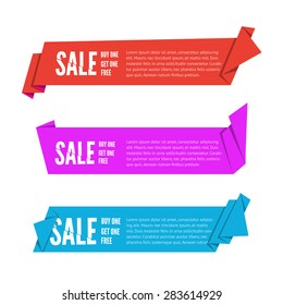 Set of three Origami paper ribbons for sale. Vector flat banner design for advertising with space for text