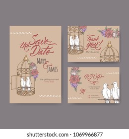 Set of three original attractive wedding cards based on doves in cage color sketch and brush calligraphy. Wedding invitation, save the date, RSVP and thank you card. Hand drawn floral postcard.