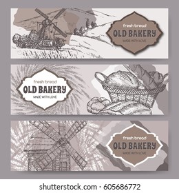 Set of three original bakery label templates with windmills, wheat and bread. Great for bakery and bread shop ads, brochures, labels.