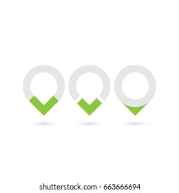 Set of three original map pointers - navigation pins. Simple flat vector objects in grey and green.