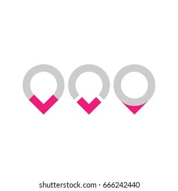 Set of three original map pointers - navigation pins. Simple flat vector objects in grey and pink.