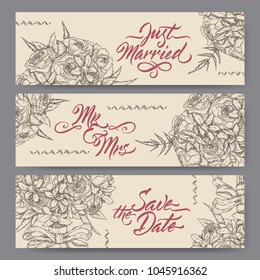 Set of three original wedding banners based on bouquet sketch and brush calligraphy. Save the date, just married, Mr and Mrs cards for bridal design. Hand drawn floral postcard.